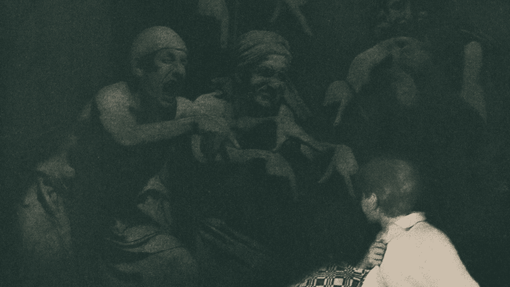 A cropped image of the artpiece "Seein' things" as provided by the New York Public Library. Grotesque shadowy figures point at a terrified little child in a blanket.